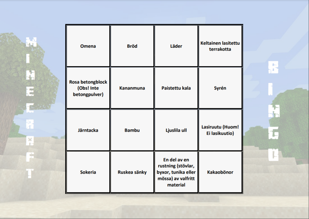 Exempeluppgift 1: Minecraft bingo – Överlevnad